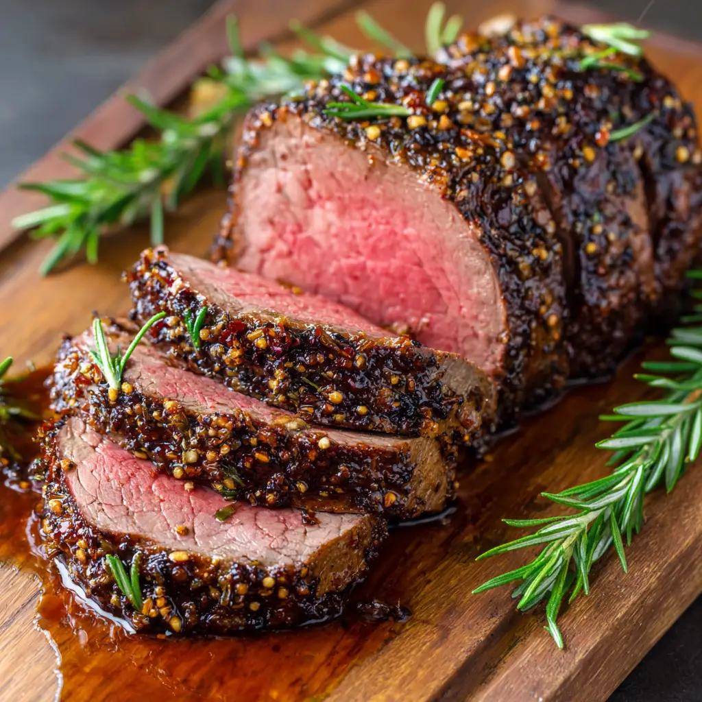 Dark brown pan juices pooling around a sliced, medium-rare Million Dollar Beef Tenderloin on a wooden board.