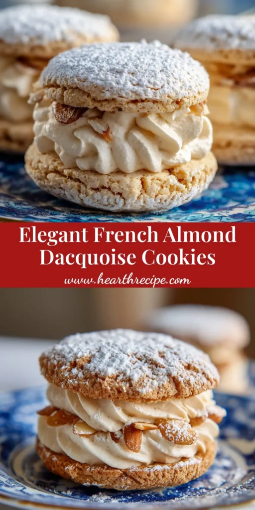 A stack of delicate French Almond Cookies featuring pale golden brown meringue discs and fluffy toasted almond filling on a blue and white patterned ceramic plate.