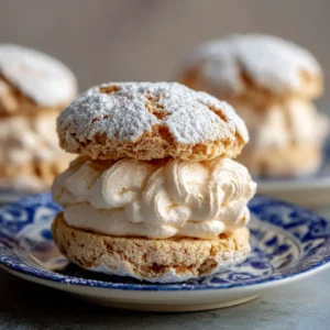 Close up photo of a layered almond sandwich cookie revealing a generously piped pale cream colored buttercream filling.