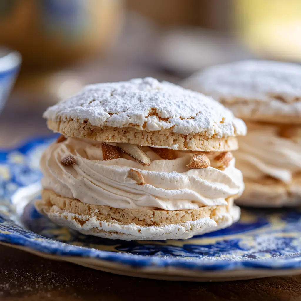 A handheld smartphone photo showing cracked almond meringue cookies delicately dusted with white powdered sugar resting on a decorative plate.