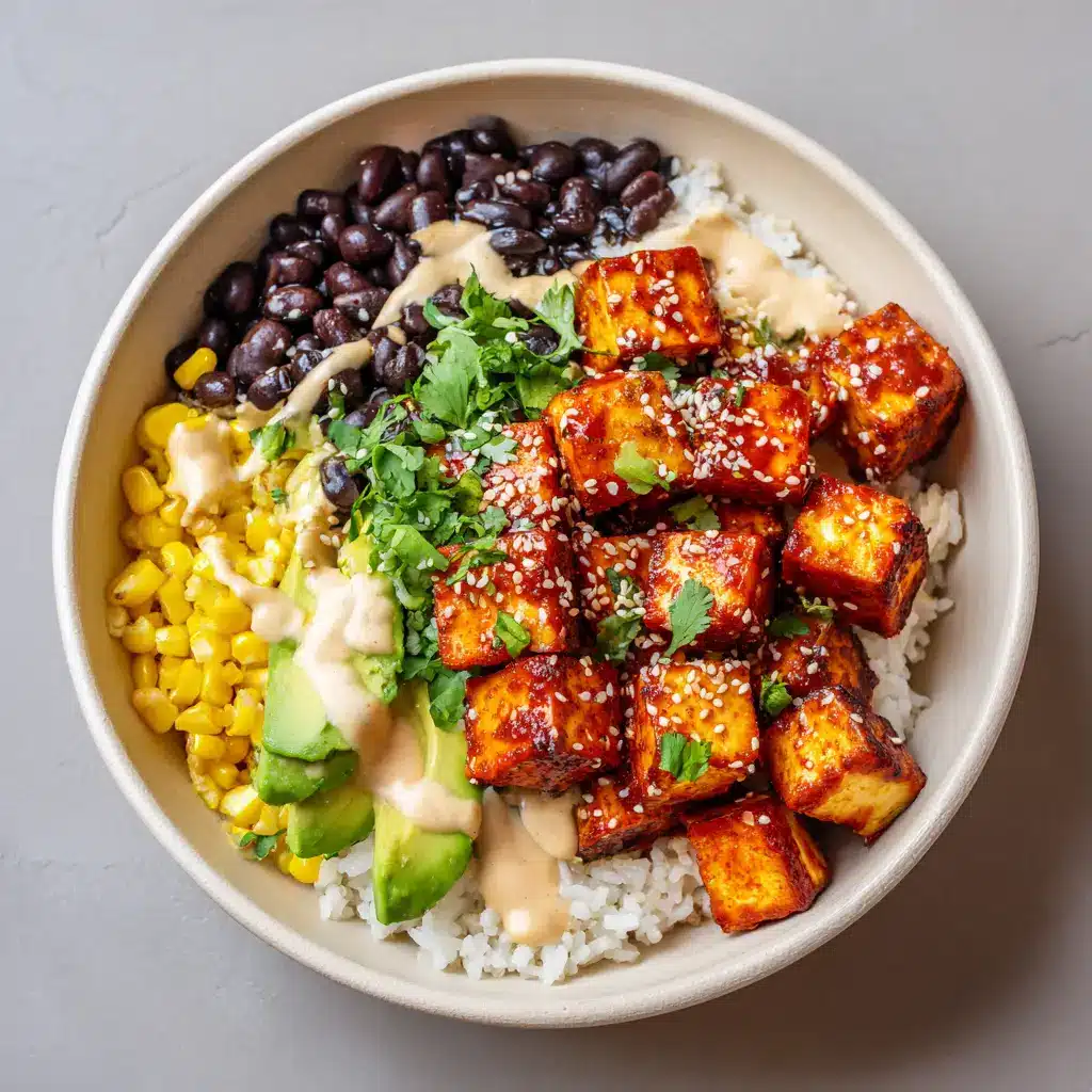 The Ultimate Spicy Baked Tofu Burrito Bowl 2 Ingredients for the vegan spicy baked tofu burrito bowl displayed neatly, showing cubed tofu, cornstarch, sriracha glaze, black beans, corn, and sliced avocado.