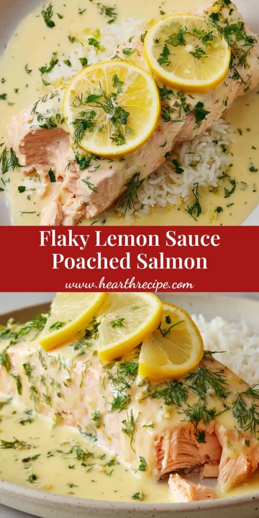 A thick, moist poached salmon fillet on a simple ceramic plate, coated in a glossy pale yellow lemon sauce, served over fluffy white rice with dill and lemon slice garnish.