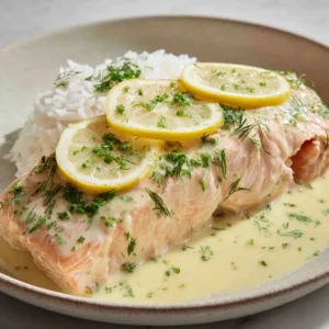 Gently simmering poaching liquid with water, white wine, and aromatics preparing to cook fresh salmon fillets.