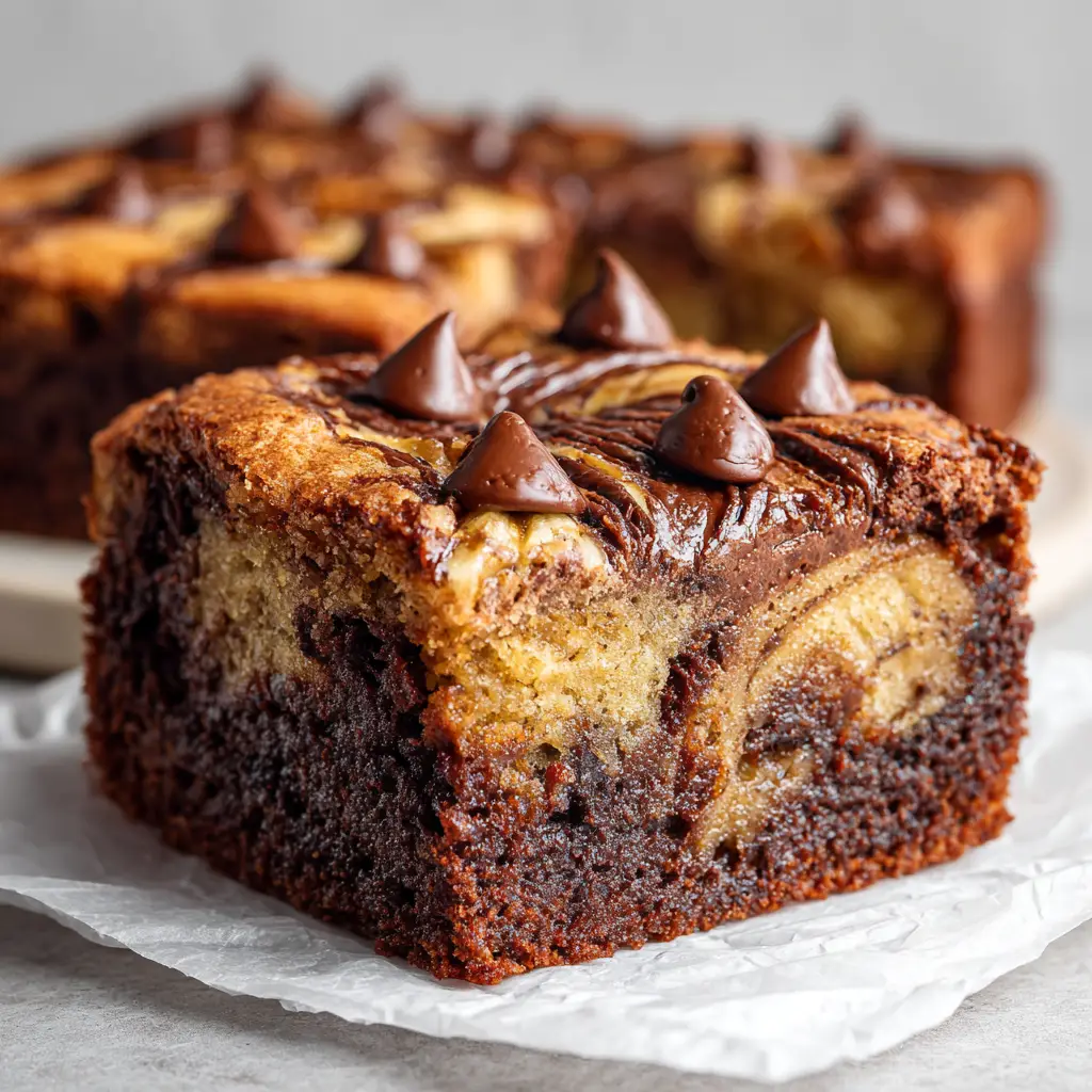 Melted semi-sweet chocolate chips scattered across the marbled top layer of a freshly baked banana bread brownie.