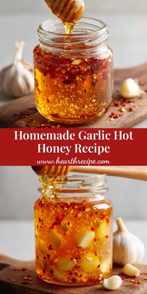 A wooden honey dipper lifting a thick ribbon of glowing amber Garlic Hot Honey from a clear glass mason jar filled with visible roasted garlic cloves and bright red chili flakes.