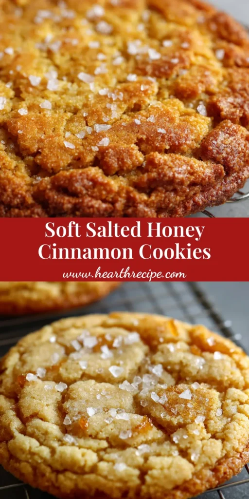A close up view of thick, golden brown Salted Honey Cinnamon Cookies with perfectly crackled tops, a glossy honey sheen, and large flaky sea salt crystals on a silver wire rack.
