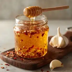 A clear glass mason jar filled with a thick, glowing amber-colored Garlic Hot Honey sauce, infused with visible whole roasted garlic cloves and red chili pepper flakes.