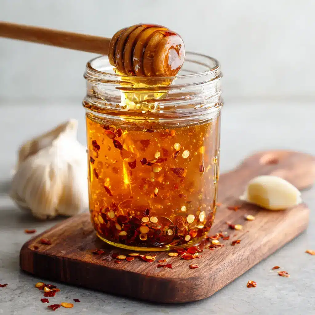 A rustic wooden cutting board featuring a jar of sticky Garlic Hot Honey, scattered red pepper flakes, and a raw garlic clove resting nearby in soft natural daylight.
