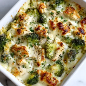 Ingredients for Keto Chicken Alfredo Broccoli Bake including cooked chicken chunks, green broccoli, thick white alfredo sauce, and chopped parsley.