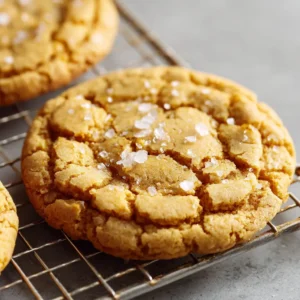 Close up shot of a thick, golden brown baked cookie with a crackled, slightly domed top surface resting on a wire cooling rack.