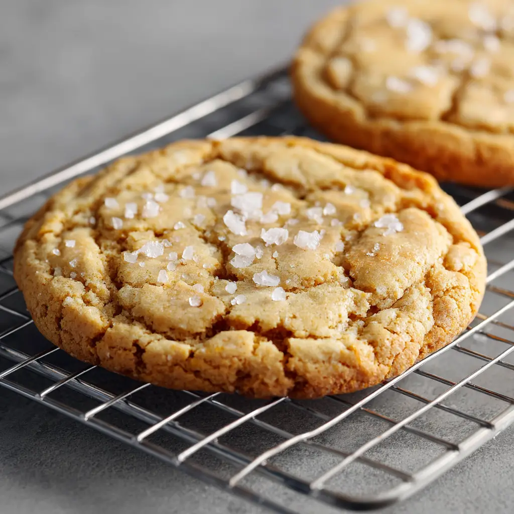 Macro shot detailing the glossy sheen in the cracks from melted honey and large, translucent flakes of sea salt on a soft chewy cookie.