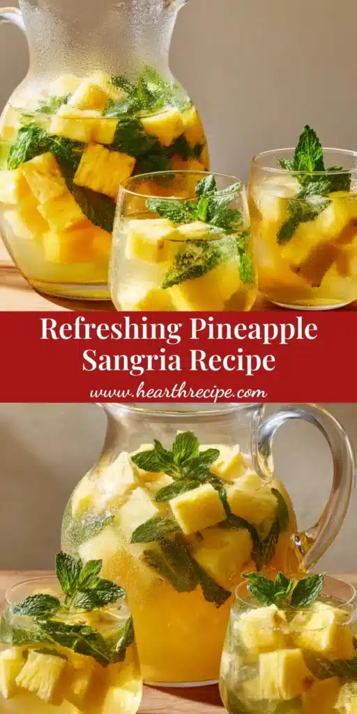 A large clear glass pitcher filled with bright golden pineapple sangria, pale yellow wine, white rum, clear square ice cubes, fresh pineapple chunks, translucent lemon wheels, and vibrant green mint sprigs.