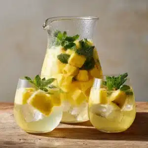 Two stemless wine glasses and a clear pitcher with heavy frosty condensation, containing pale yellow wine, pineapple chunks, and mint on a light oak wooden surface.