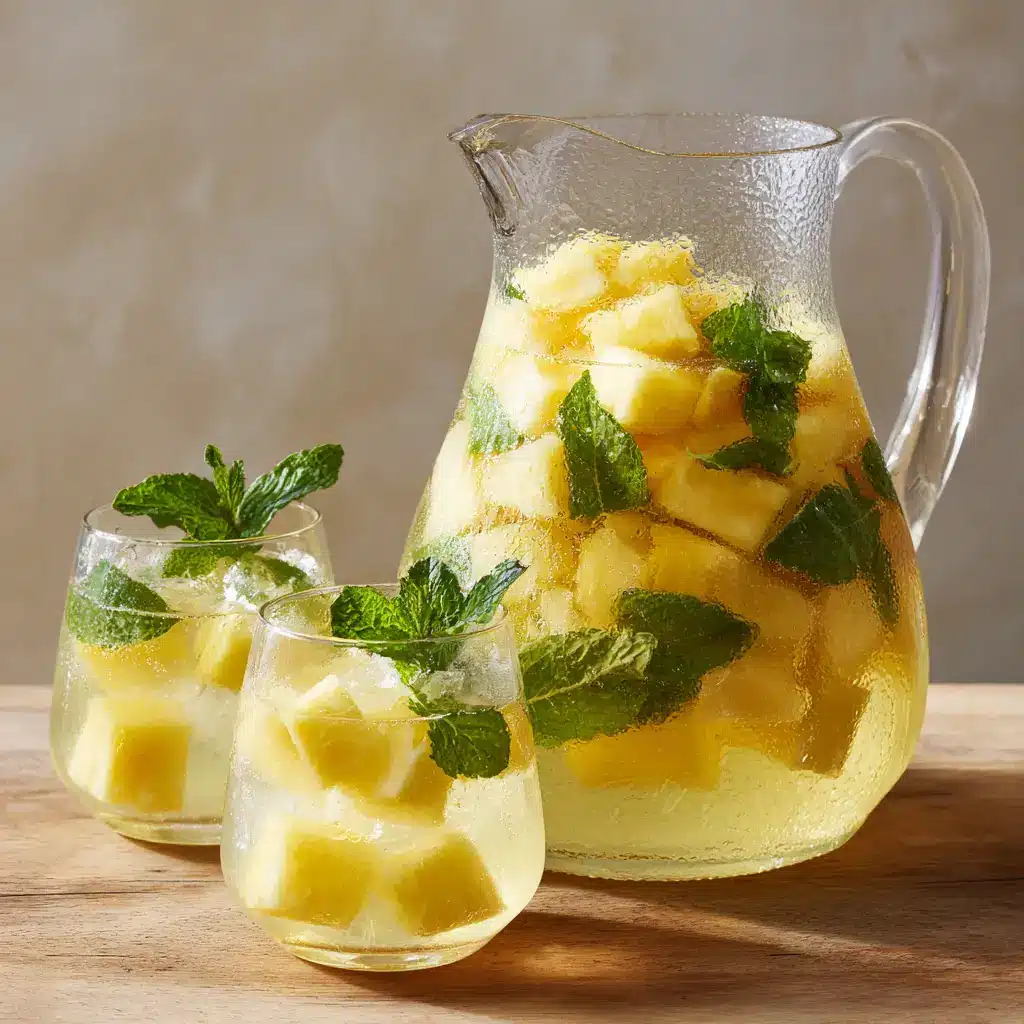 Close up of translucent pale yellow wine mixed with spirits over large clear square ice cubes, featuring suspended yellow pineapple chunks and thin lemon wheels.