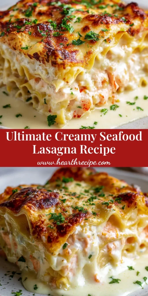 A towering slice of Creamy Seafood Lasagna with thick wavy noodles, cooked pink salmon, melted mozzarella, and a blistered golden-brown parmesan crust.