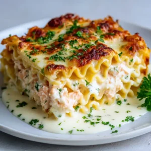 Close up of a freshly baked slice of creamy seafood lasagna sitting in a velvety pool of rich white sauce on a ceramic plate.