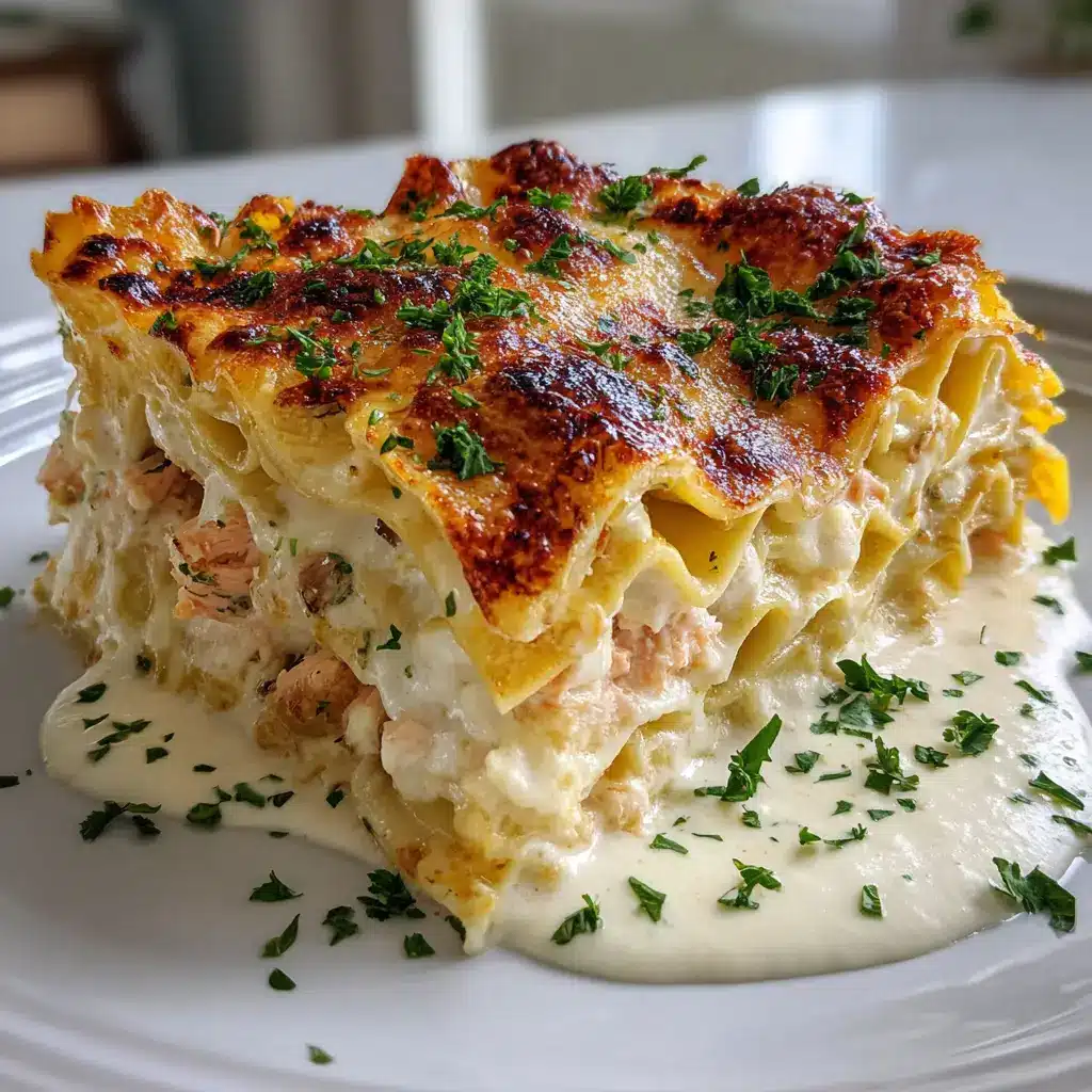 Top view of creamy seafood lasagna topped with blistered golden-brown parmesan cheese and finely chopped fresh green parsley.