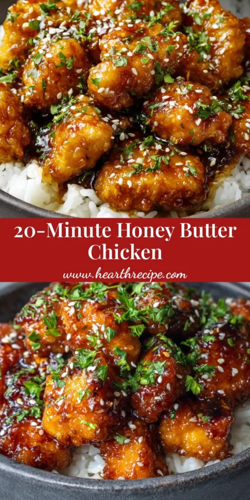 A close-up vertical shot of crispy golden-brown Honey Butter Chicken chunks coated in a glossy amber glaze, served over fluffy white rice.