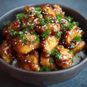 Delicious crispy Honey Butter Chicken glistening in a sticky sauce, sprinkled with fresh parsley and white sesame seeds.