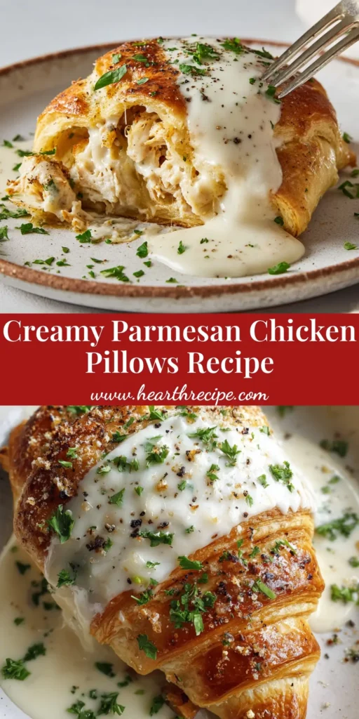 A close-up, top-down view of a golden-brown baked crescent dough parcel stuffed with chicken, covered in thick creamy Parmesan sauce, parsley, and black pepper. (Chicken Pillows Recipe)