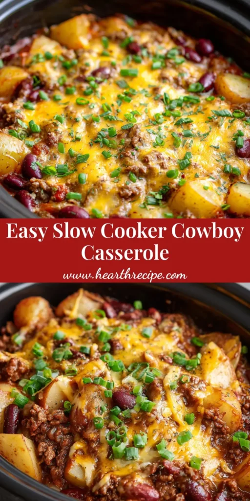 A close up of a hearty Slow Cooker Cowboy Casserole inside a black ceramic insert, featuring tender sliced potatoes, browned ground beef, and plump beans covered in bubbly melted sharp cheddar and Monterey Jack cheese, garnished with green onions.