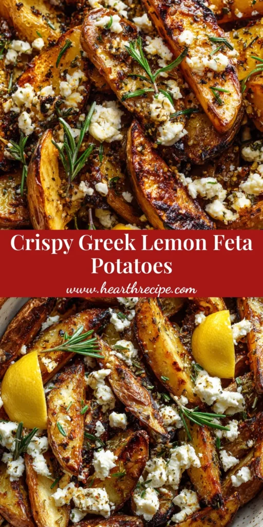 A rustic ceramic baking dish filled with crispy Greek Lemon Potatoes, featuring charred edges, crumbled white feta cheese, chopped fresh green rosemary, dried oregano, and yellow lemon wedges.