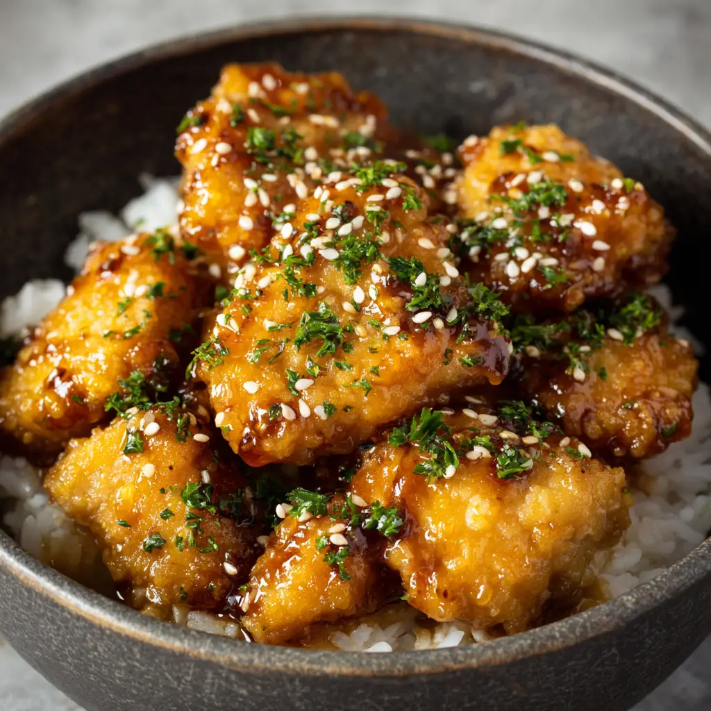Rustic dark grey bowl filled with fluffy steamed white rice and crispy Honey Butter Chicken chunks pooling with thick sweet glaze.