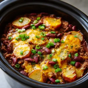 A scoop of slow cooker cowboy casserole showing layers of tender sliced russet potatoes, kidney beans, and thick savory tomato gravy.