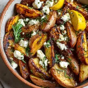 Close-up overhead shot of deeply golden brown Greek Lemon Potatoes glistening in olive oil pan juices with feta and oregano.