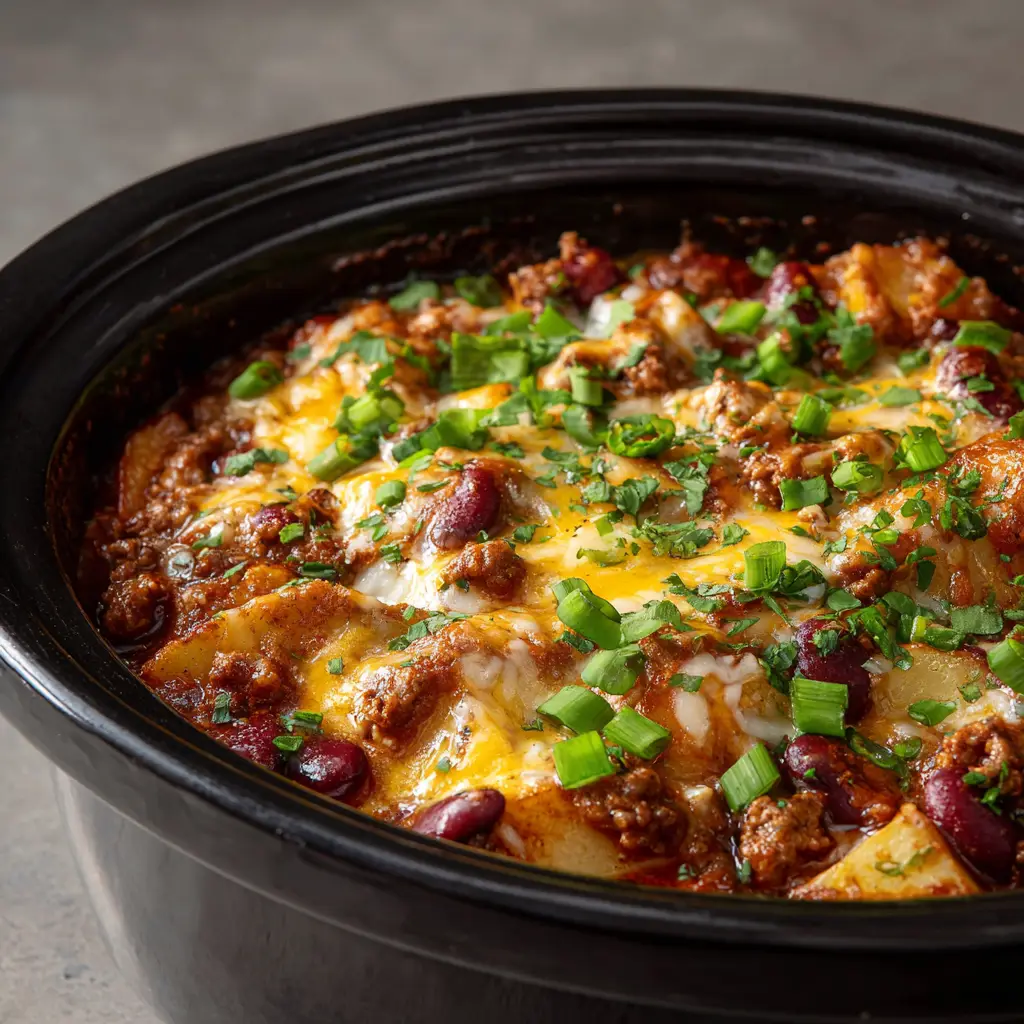 Close up handheld photo showing the glossy, melted layer of sharp yellow cheddar and white Monterey Jack cheese garnished with dried parsley.