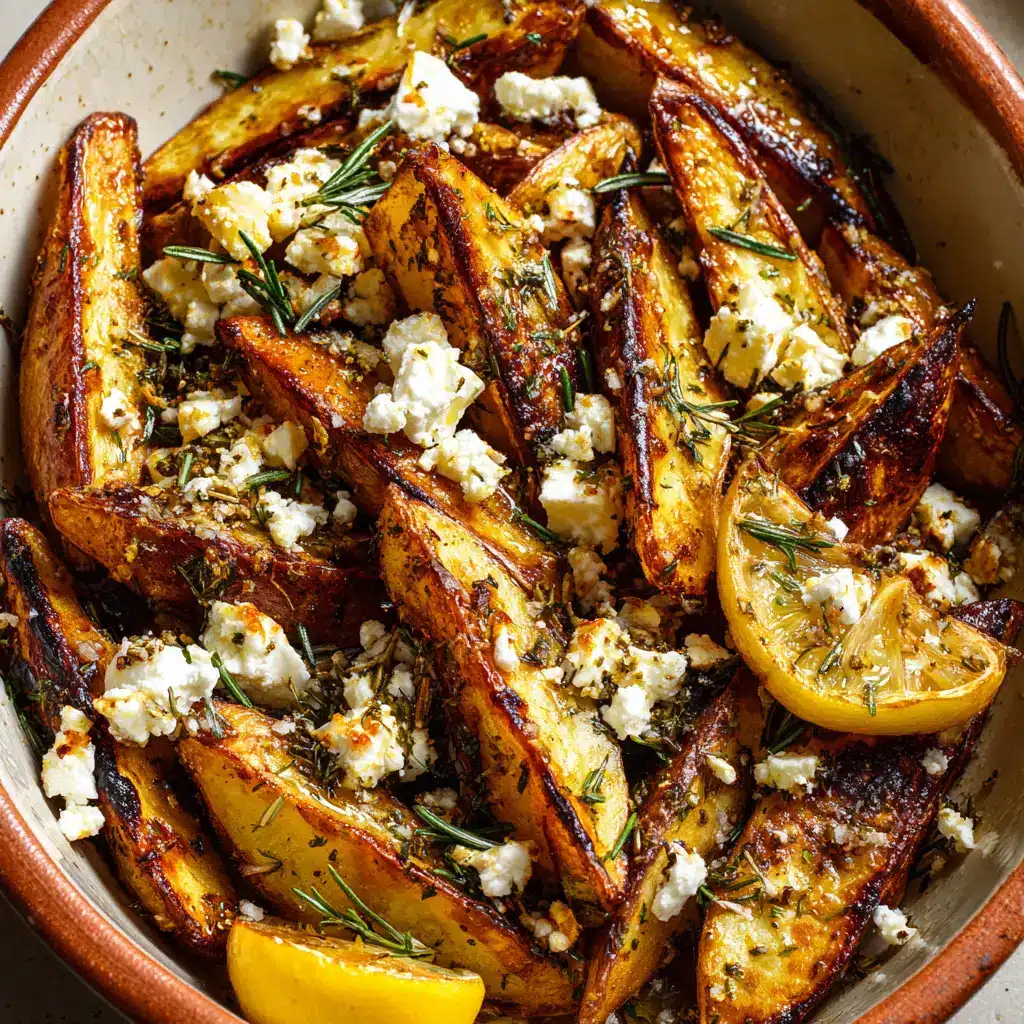 Handheld smartphone style photo of rustic Greek Lemon Potatoes topped with feta, rosemary, and bright lemon wedges.