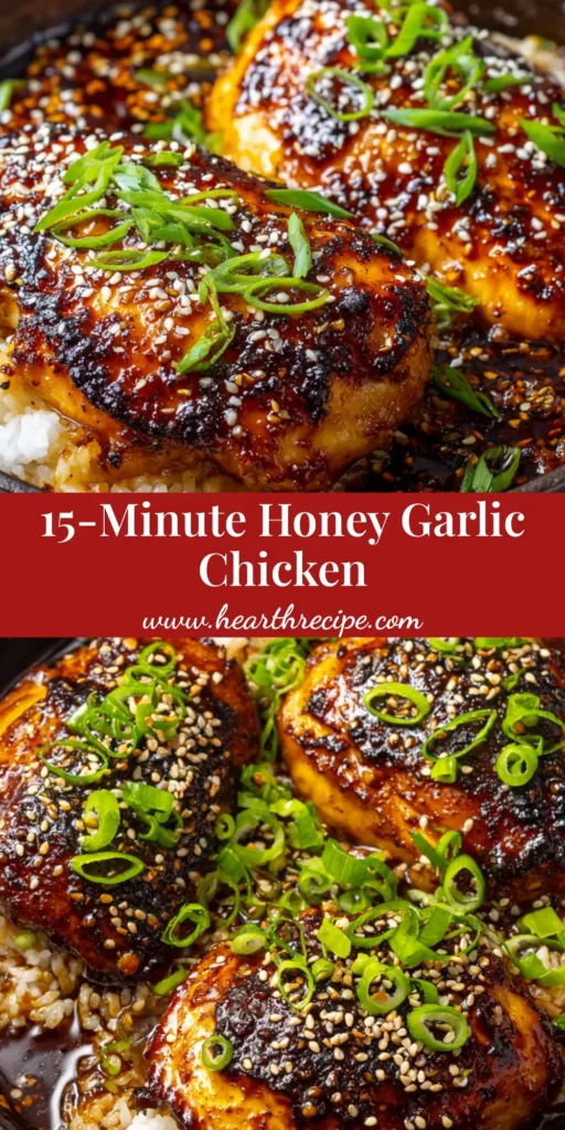 A dark cast iron skillet holding sticky Honey Garlic Chicken Breasts with a dark amber glaze, garnished with sesame seeds and scallions.