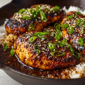 Close-up of golden-brown Honey Garlic Chicken Breasts with slightly charred edges sitting on a bed of steamed jasmine rice.