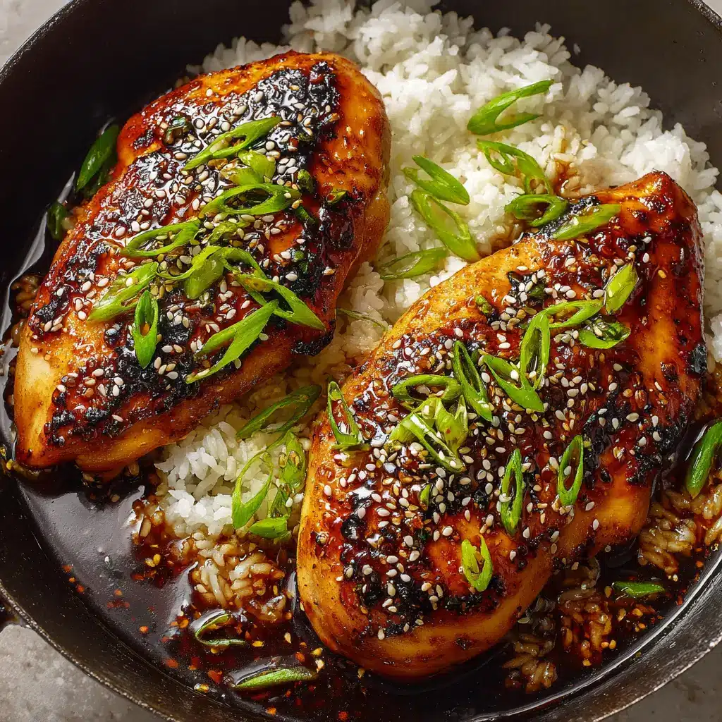 Thick, glossy honey garlic sauce pooling at the bottom of a cast iron pan around whole chicken breasts.
