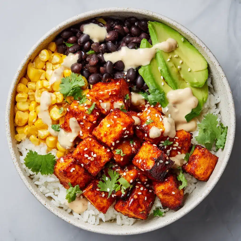 The Ultimate Spicy Baked Tofu Burrito Bowl 1 Crispy baked tofu coated in a vibrant reddish-orange spicy glaze with slightly charred edges sitting on a baking sheet.