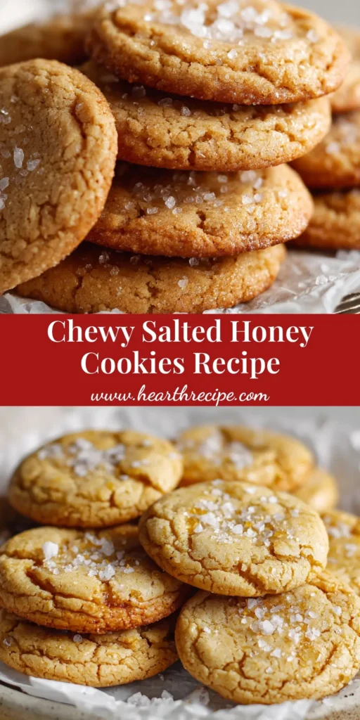 A close up shot of freshly baked salted honey cookies stacked on a wire cooling rack, featuring a golden brown crinkled crisp edge and coarse sea salt flakes.