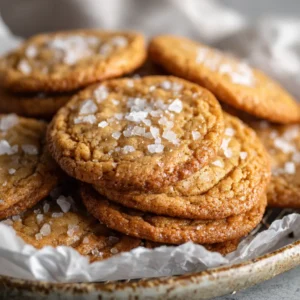 Close up of Salted Honey Cookies on crinkled white parchment paper over a rustic ceramic plate, displaying a soft, chewy, slightly glossy blonde center.