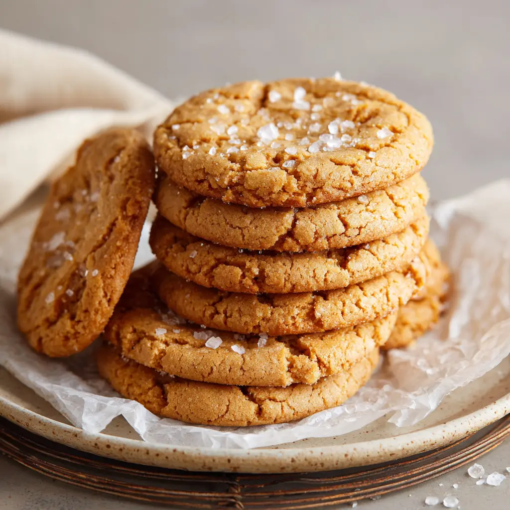 Detailed shot of a Salted Honey Cookie generously sprinkled with large, translucent flakes of coarse sea salt.