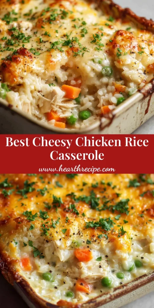 A close-up vertical view of a freshly baked chicken and rice casserole in a rustic rectangular baking dish, featuring bubbly melted golden-brown cheese and a fresh parsley garnish.