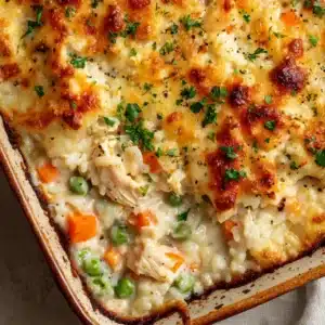 A close-up of fluffy cooked white rice mixed with tender chunks of shredded cooked chicken breast, bright orange diced carrots, and bright green peas bound in a creamy savory white sauce.