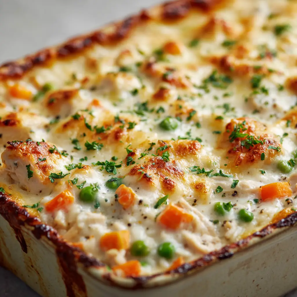 Close-up of the thick, bubbling layer of melted, golden-brown toasted cheddar and mozzarella cheese with crispy, slightly charred edges along the rim of the dish.