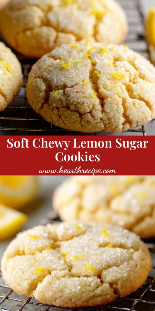 Close-up of soft, thick, pale golden lemon sugar cookies resting on a wire cooling rack with a crinkly surface heavily coated in granulated sugar.