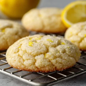Close up view of freshly baked lemon sugar cookies with vibrant yellow lemon zest flecks embedded in the pale golden dough.