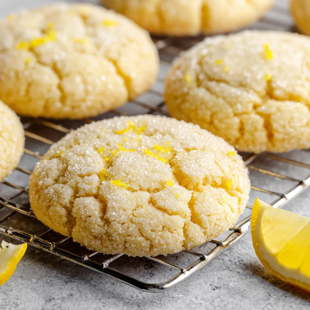 A fresh, bright yellow lemon wedge adjacent to cracked, crinkly lemon sugar cookies on a light gray countertop.