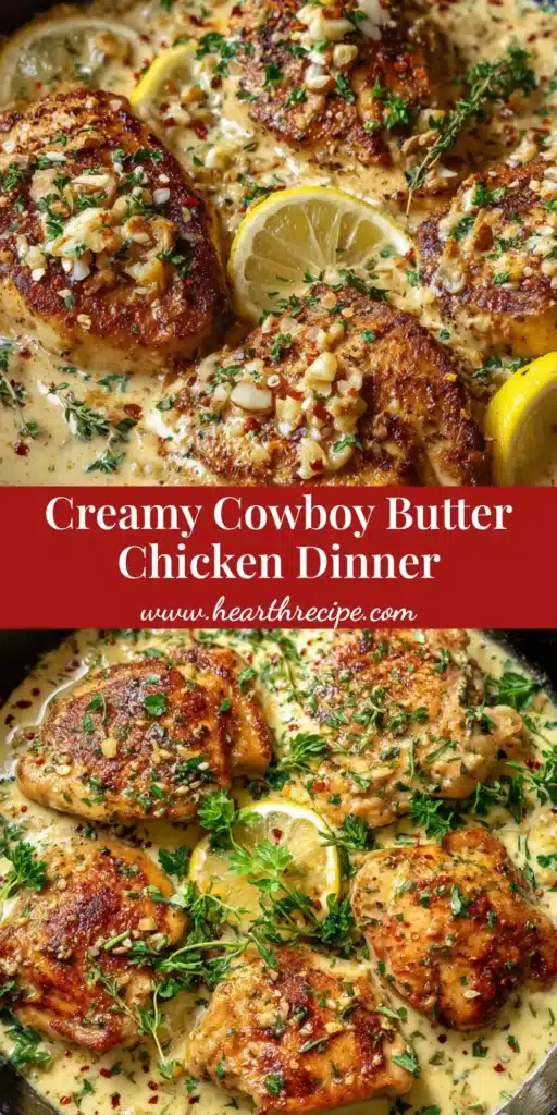A black cast iron skillet filled with Creamy Cowboy Butter Chicken featuring thick golden-brown chicken breasts, glossy pale-yellow garlic butter cream sauce, and fresh lemon wedges.
