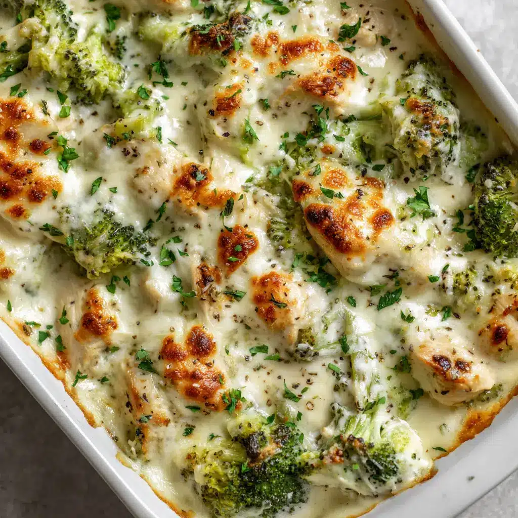 Top-down view of melted mozzarella and parmesan cheese with distinct golden-brown charred spots covering a creamy chicken and broccoli base.