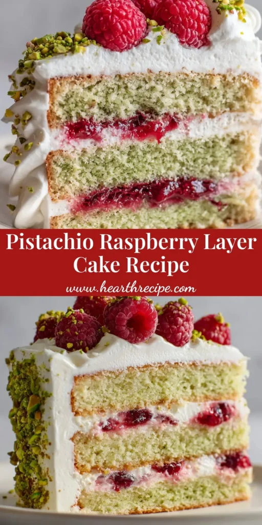 A stunning Pistachio Raspberry Cake slice showing fluffy green cake layers, glossy red jam, and white whipped cream frosting on a dessert plate.