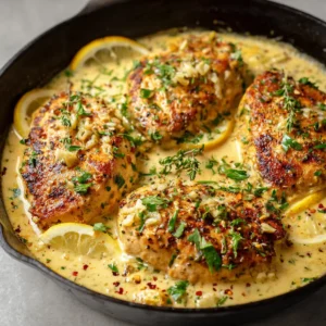 Handheld photo of golden-brown seared chicken in a pale-yellow cream sauce generously garnished with finely minced garlic, parsley, thyme, and red pepper flakes.