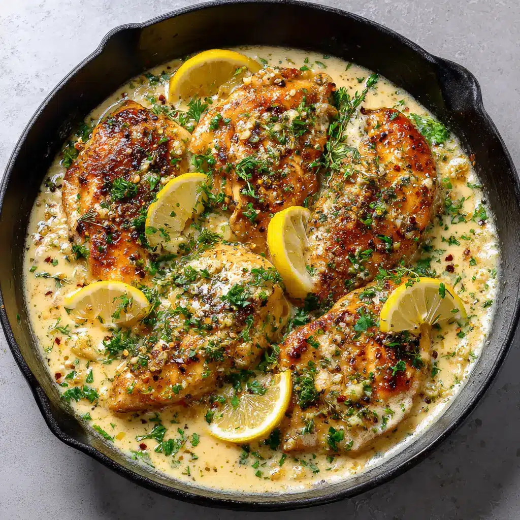 Top-down view of Creamy Cowboy Butter Chicken in a black cast iron skillet on a neutral kitchen counter under soft natural daylight.