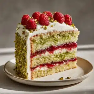 Tall slice of layered cake sitting on a white ceramic plate showcasing pale green pistachio sponge and thick ruby red raspberry jam.